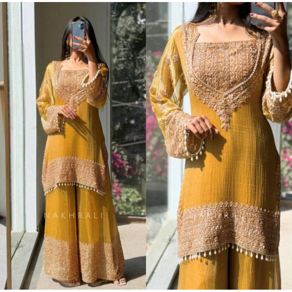 Generic Women's Silk Embroidered 3/4th Sleeve Round Kurti With Sharara Pant and Dupatta Set (Yellow)