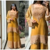 Generic Women's Silk Embroidered 3/4th Sleeve Round Kurti With Sharara Pant and Dupatta Set (Yellow)