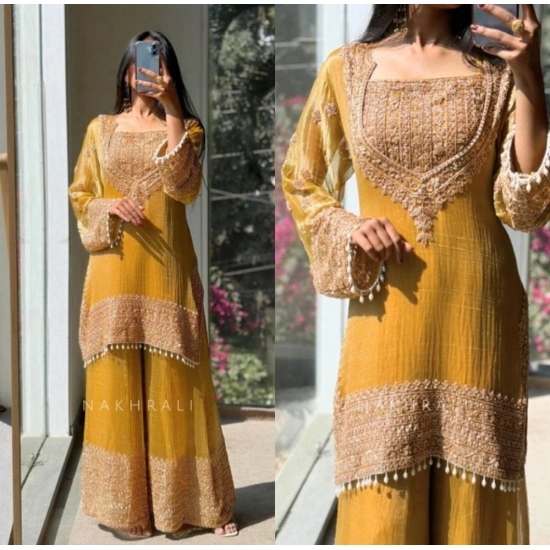 Generic Women's Silk Embroidered 3/4th Sleeve Round Kurti With Sharara Pant and Dupatta Set (Yellow) Generic Women's Silk Embroidered 3/4th Sleeve Round Kurti With Sharara Pant and Dupatta Set (Yellow)