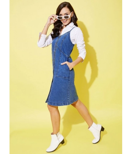 Generic Women's Denim Washed Shoulder Straps Dress (Blue)
