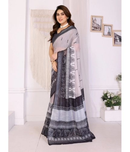 Generic Women's Linen Cotton  Printed Saree With Unstitched Blouse 5.5Mtr (White &amp; Black)
