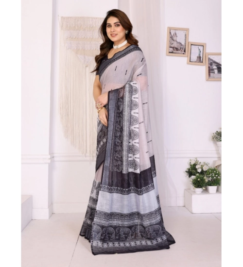 Generic Women's Linen Cotton  Printed Saree With Unstitched Blouse 5.5Mtr (White &amp; Black)