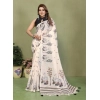 Generic Women's Linen Cotton Printed Saree With Unstitched Blouse 5.5Mtr (Off White)