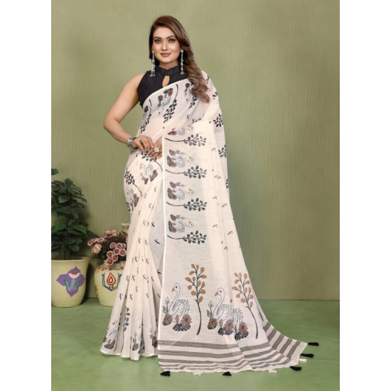 Generic Women's Linen Cotton Printed Saree With Unstitched Blouse 5.5Mtr (Off White) Generic Women's Linen Cotton Printed Saree With Unstitched Blouse 5.5Mtr (Off White)