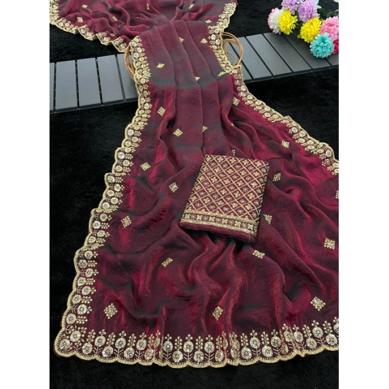 Generic Women's Satin Embellished Saree With Unstitched Blouse 5.5Mtr (Wine-Toned) Generic Women's Satin Embellished Saree With Unstitched Blouse 5.5Mtr (Wine-Toned)