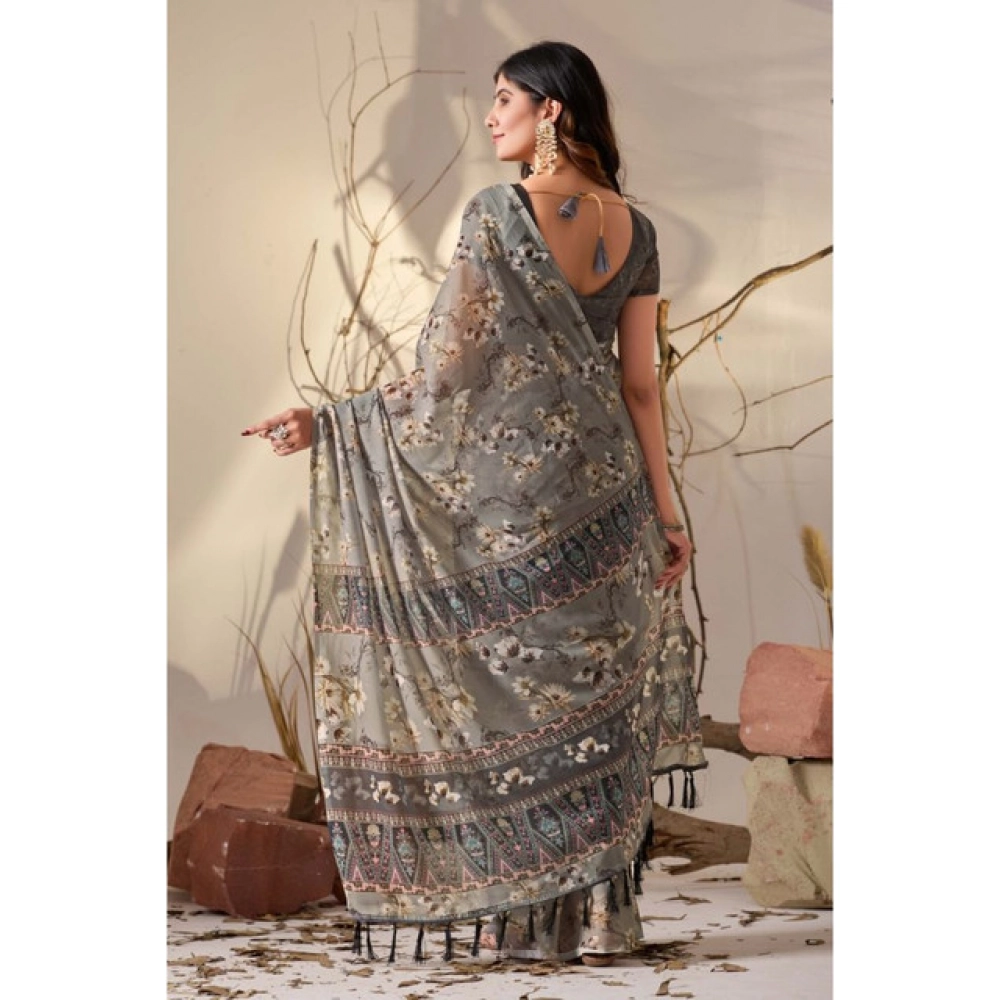 Generic Women's Georgette Printed Saree With Unstitched Blouse 5.5Mtr (Grey)
