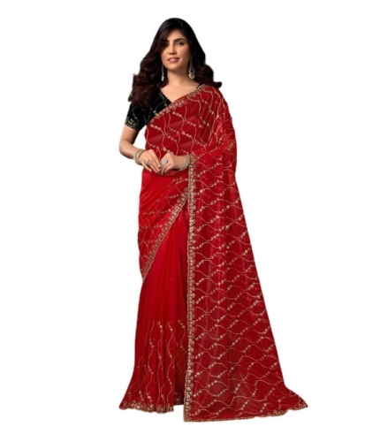 Generic Women's Net Sequence Saree With Unstitched Blouse 5.5Mtr (Red)