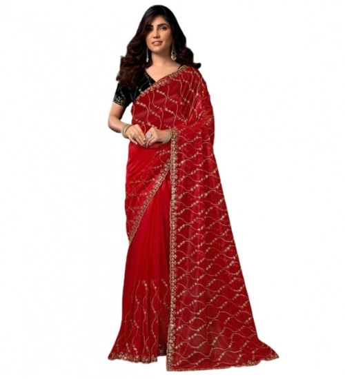 Generic Women's Net Sequence Saree With Unstitched Blouse 5.5Mtr (Red)