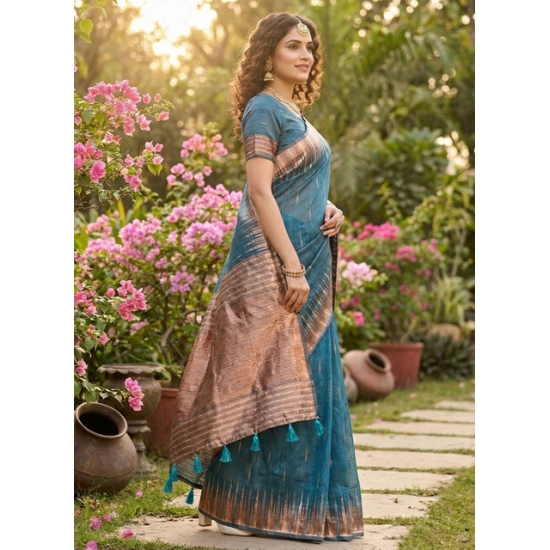 Generic Women's Linen Cotton Printed Saree With Unstitched Blouse 5.5Mtr (Blue) Generic Women's Linen Cotton Printed Saree With Unstitched Blouse 5.5Mtr (Blue)