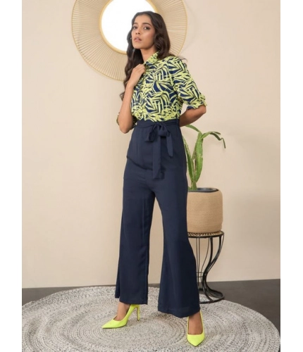 Generic Women's Polyester Floral Half Sleeves Jumpsuit (Navy - Yellow)