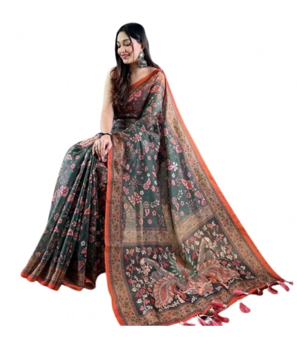Generic Women's Linen Printed Saree With Unstitched Blouse 5.5Mtr (Green)