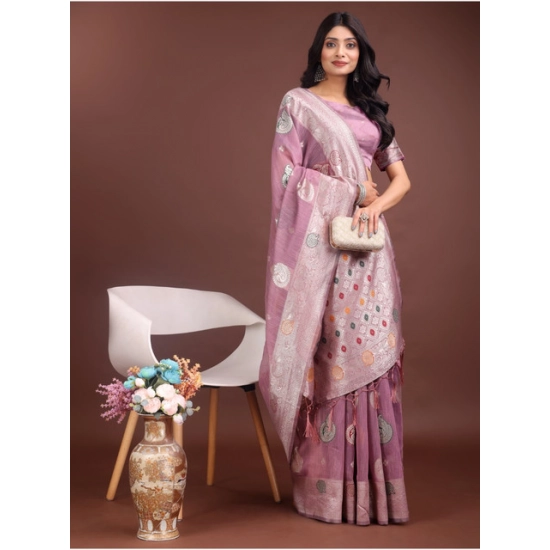 Generic Women's Linen Cotton Printed Saree With Unstitched Blouse 5.5Mtr (Purple)