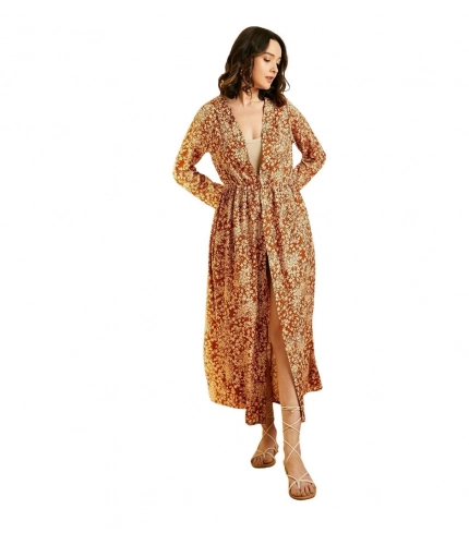 Generic Women's Polyester Floral Long Sleeves Shrug (Brown)