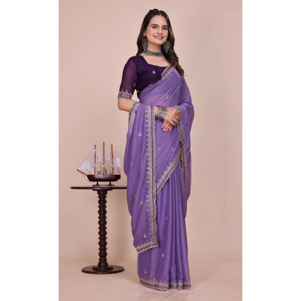 Generic Women's Georgette Embellished Saree With Unstitched Blouse 5.5Mtr�(Purple)