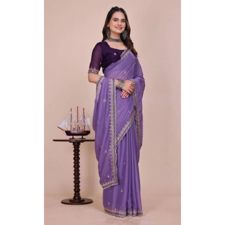 Generic Women's Georgette Embellished Saree With Unstitched Blouse 5.5Mtr (Purple)