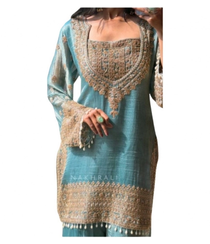 Generic Women's Silk Embroidered 3/4th Sleeve Round Kurti With Sharara Pant and Dupatta Set (Sea Green)