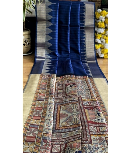 Generic Women's Tussar Silk Madhubani Saree With Unstitched Blouse 5.5Mtr (Blue)