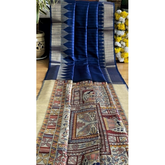 Generic Women's Tussar Silk Madhubani Saree With Unstitched Blouse 5.5Mtr (Blue)