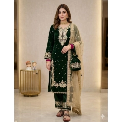 Generic Women's Silk Embroidered 3/4th Sleeve Round Kurti With Palazzo Pant and Dupatta Set (Dark Green)