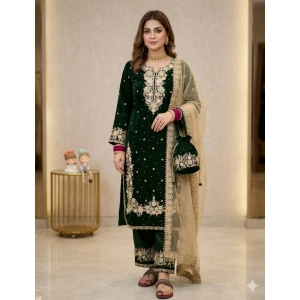 Generic Women's Silk Embroidered 3/4th Sleeve Round Kurti With Palazzo Pant and Dupatta Set (Dark Green)