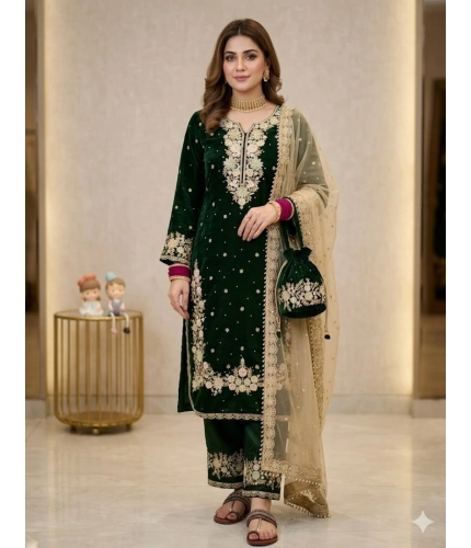 Generic Women's Silk Embroidered 3/4th Sleeve Round Kurti With Palazzo Pant and Dupatta Set (Dark Green)