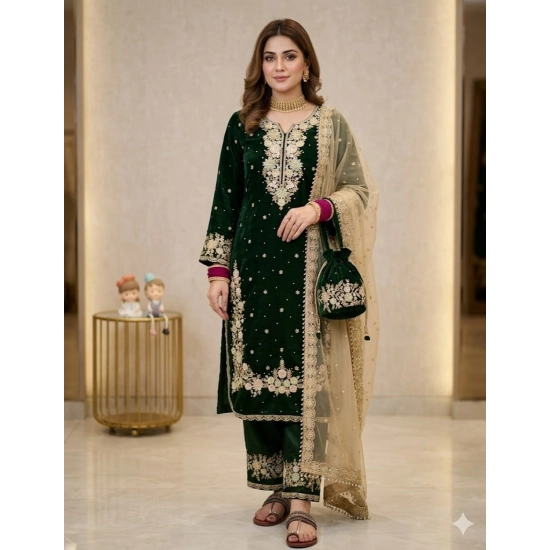 Generic Women's Silk Embroidered 3/4th Sleeve Round Kurti With Palazzo Pant and Dupatta Set (Dark Green) Generic Women's Silk Embroidered 3/4th Sleeve Round Kurti With Palazzo Pant and Dupatta Set (Dark Green)