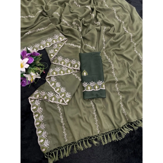 Generic Women's Georgette Embroidered Saree With Unstitched Blouse 5.5Mtr (Mehendi) Generic Women's Georgette Embroidered Saree With Unstitched Blouse 5.5Mtr (Mehendi)