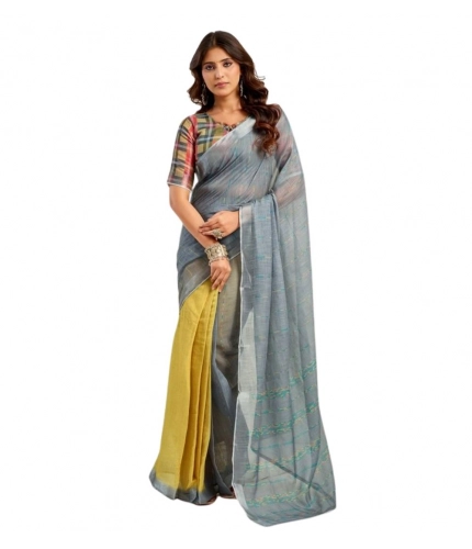 Generic Women's Faux Linen Geometric Ready to wear Saree With Unstitched Blouse 5.5Mtr (Grey)