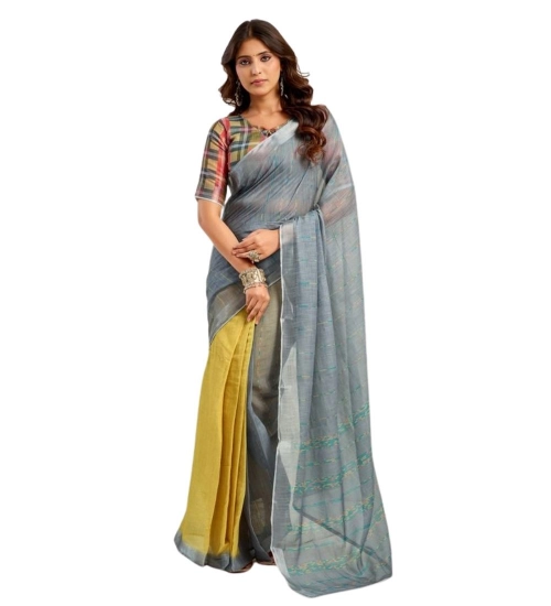 Generic Women's Faux Linen Geometric Ready to wear Saree With Unstitched Blouse 5.5Mtr (Grey)