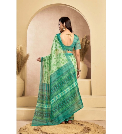 Generic Women's Faux_Linen Printed Ready-to-Wear Saree With Unstitched Blouse 5.5 Mtr (Light_Green)