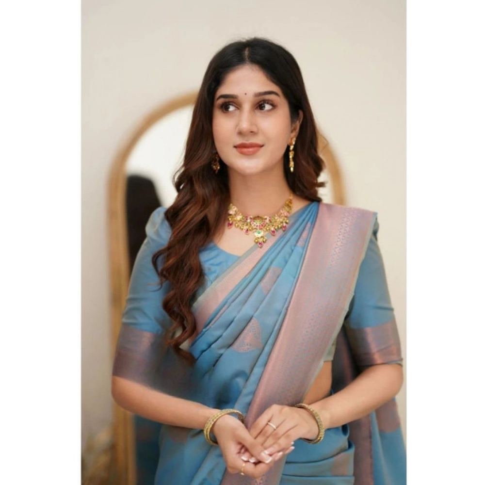 Generic Women's Soft Litchi Silk Jacquard Work Saree With Unstitched Blouse 5.5Mtr (Gray)