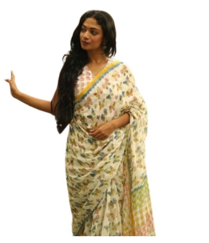 Generic Women's Linen Printed Saree With Unstitched Blouse 5.5Mtr (White)