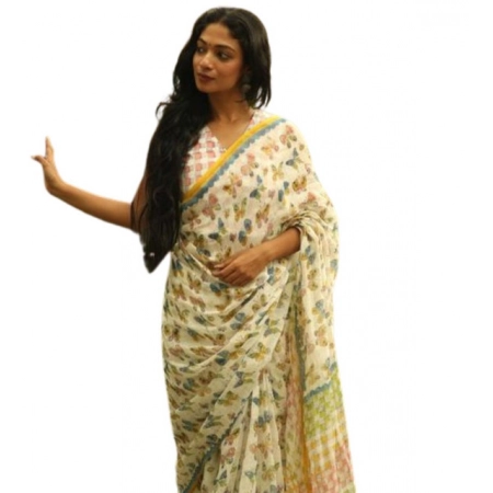 Generic Women's Linen Printed Saree With Unstitched Blouse 5.5Mtr (White)