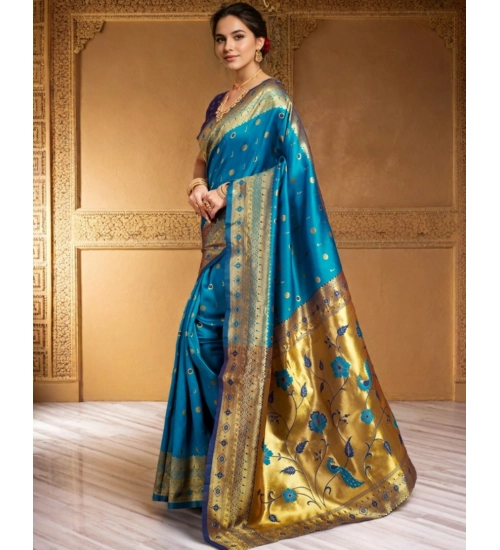 Generic Women's Silk Blend Zari Weaving Saree With Unstitched Blouse 5.5Mtr (Aqua)
