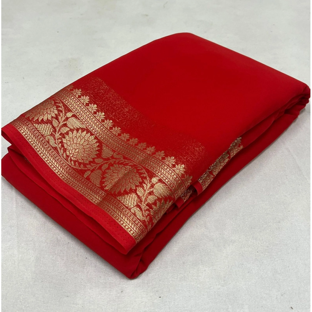 Generic Women's Crepe Chit Pallu Solid Saree With Unstitched Blouse 5.5Mtr (Red)