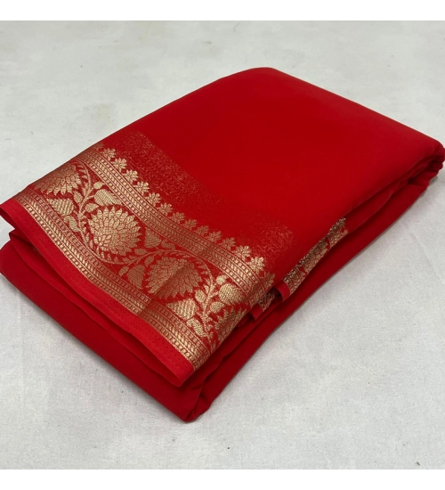 Generic Women's Crepe Chit Pallu Solid Saree With Unstitched Blouse 5.5Mtr (Red)