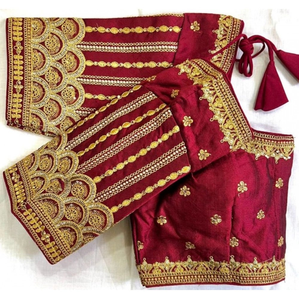 Women's Phantom Silk Embroidered Designer Neck Padded Blouse (Maroon 38 Ready (Alterable up to 42)