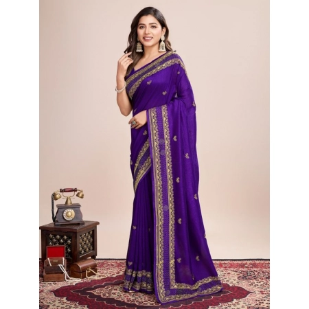 Generic Women's Vichitra Silk Embroidery Work Saree With Unstitched Blouse 5.5Mtr (Purple)
