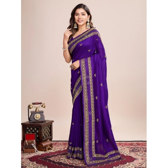 Generic Women's Vichitra Silk Embroidery Work Saree With Unstitched Blouse 5.5Mtr (Purple)