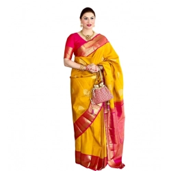 Generic Women's Litchi silk Printed Saree With Unstitched Blouse (Yellow)