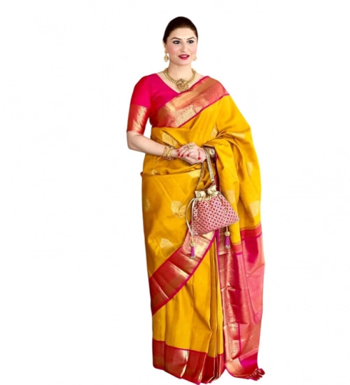 Generic Women's Litchi silk Printed Saree With Unstitched Blouse (Yellow)