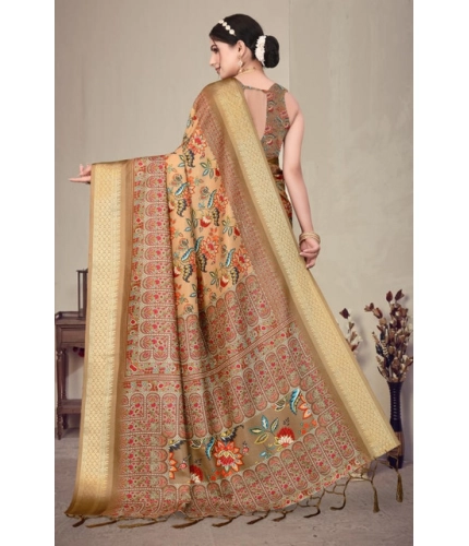 Generic Women's Cotton Silk  Printed Saree With Unstitched Blouse 5.5Mtr (Peach)