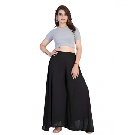 Generic Women's Pack of 1 Georgette Solid High Rise Wide Leg Flared Palazzo Pants with Elastic Waist (Black)