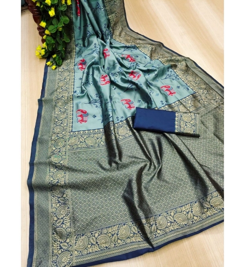 Generic Women's Soft Litchi Silk Jacquard Work Saree With Unstitched Blouse 5.5Mtr (Light Blue)