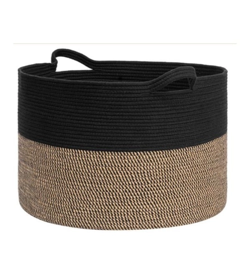 Generic Cotton Pack Of_1 16x14 Inch Storage Basket For Clothes With Out Lid (Black-Beige-Black)