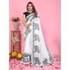 Generic Women's Linen Cotton Printed Saree With Unstitched Blouse 5.5Mtr (White)