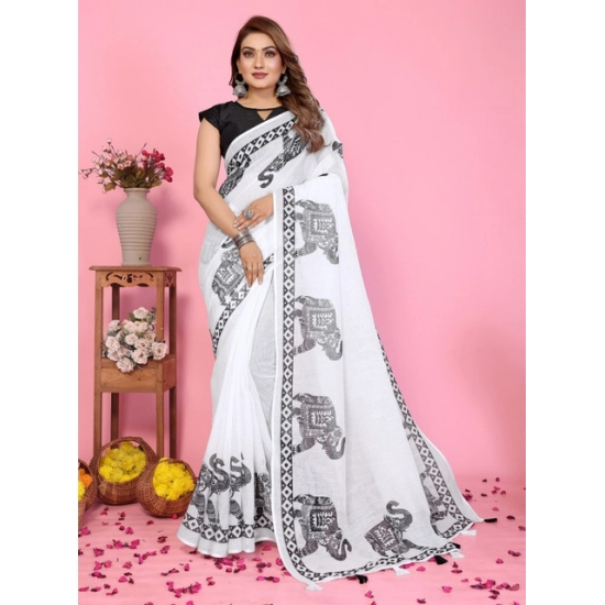 Generic Women's Linen Cotton Printed Saree With Unstitched Blouse 5.5Mtr (White)