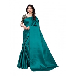 Generic Women's Satin Printed Saree With Unstitched Blouse 5.5Mtr (Teal)