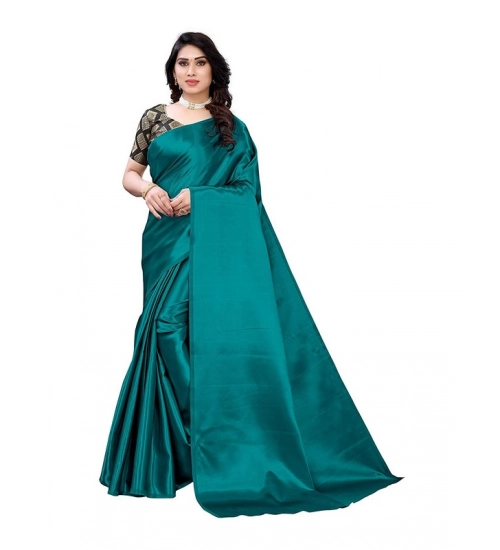 Generic Women's Satin Printed Saree With Unstitched Blouse 5.5Mtr (Teal)