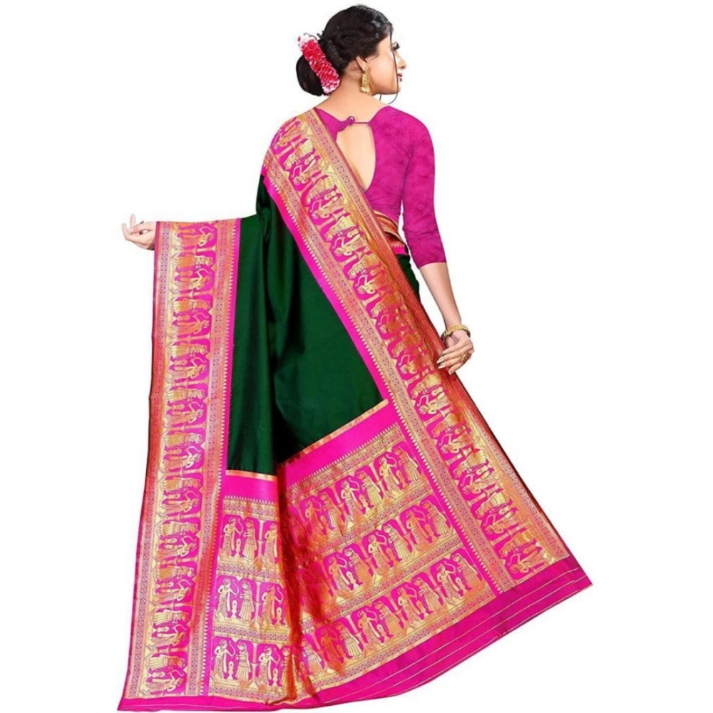 Generic Women's Soft Litchi Silk Jacquard Work Saree With Unstitched Blouse 5.5Mtr (Green)